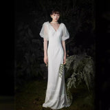 Light Wedding Dress New Spring Hepburn Pearl Puff Sleeve Dress Satin Fishtail Temperament Slimming Travel Shooting Wedding Dress