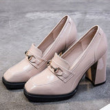 Pumps Women's High Heel Chunky Heel Square Toe Metal Buckle High Heels 2022 New Patent Leather Korean Small Leather Shoes Cross-Border Women's Shoes