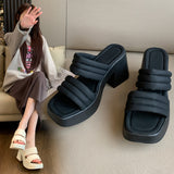 Double High Heel Slippers Women's  Spring and Summer New Square Toe Chunky Heel Comfortable All-Match Fairy Style Sandals