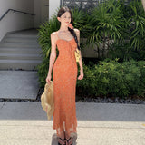 2025 This year, beautiful skirts are popular, white orange floral micro-fishtail suspender dresses, women's waist vacation dresses.