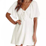 Hot Trade European and American  2024 Summer Short Sleeve Midi A- Line Skirt Pullover Ruffle Sleeve Half-Open Collar Dress