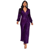 Hot trade women's fashion babes long-sleeved deep V jumpsuit  party sequined belt jumpsuit women's wholesale