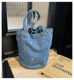 GREATNFB Denim Bucket Bag Large Capacity Women's Bag  Summer New Fresh Embroidered Shoulder Bag All-Matching Underarm Bag