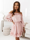 GREATNFB Europe and America Cross Border Spring and Summer New Ladies Solid Color Sweet off-Neck Long Sleeve Waist Dress