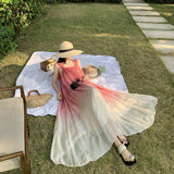 2025 Yunnan Lijiang travel photo beach skirt Sanya vacation suspender dress pink gradual change chiffon dress super fairy