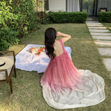 2025 Yunnan Lijiang travel photo beach skirt Sanya vacation suspender dress pink gradual change chiffon dress super fairy