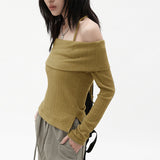 GREATNFB 2025 AC442 one-word collar off-shoulder long-sleeved knitted sweater for women's new split-ended design, Spice Girl, Popular style slim top for women