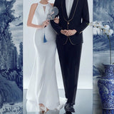 2025 Photo studio photo theme clothing Chinese meticulous painting style retro photo photography dress satin fishtail neck wedding dress