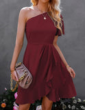 2023  Hot Trade European and American Ladies Summer Sexy One Shoulder Irregular Ruffled Hem Solid Color Dress