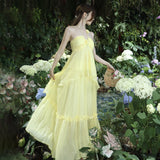 2025 Niche design high-end coffee break  chic and beautiful small fragrant wind seaside vacation yellow neck dress