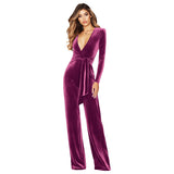 New solid color Korean velvet deep V jumpsuit Popular trade independent station long sleeve high waist wide leg jumpsuit women