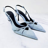 Za New  Spring and Summer Closed Toe Sexy Stiletto Heel Fashion Sandals Muller Shoes Denim Shallow Mouth Lace-up Hollow