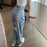 Light Blue Wide Leg Jeans Women 2025 Spring Korean Style New Design Letter Print Loose Draggle-Tail Trousers