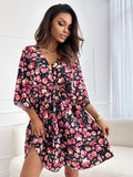 GREATNFB  Cross-Border Foreign Trade   Summer New plus Size Women's Casual Floral Deep V Waist Mid Sleeve Dress