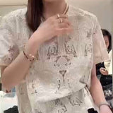 2025 spring retro court style hollow crochet versatile niche pullover short-sleeved top women