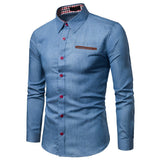 GREATNFB Foreign Trade Spring and Autumn Best-Selling Men's Casual Shirt Pocket Leather Patchwork Cotton Slim-Fit Long-Sleeved Shirt Denim Shirt Men