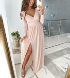 GREATNFB Independent Station Wish  New Autumn and Winter New Long Sleeve V-neck Solid Color Hem Split Dress Women