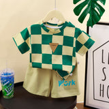 GREATNFB Summer Children's Plaid Suit Summer Short Sleeve Shorts Suit Boys' Thin Plaid Casual Fashion Summer Suit