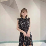 GREATNFB [Daishan]  Early Spring Japanese Style Sweet Printed Refreshing Flying Sleeve Tied High Waist Pleated Chiffon Dress