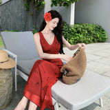 2025 print dress sexy deep V-neck slim-fit vest dress women's summer red skirt seaside vacation style