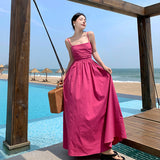2025 Rose red suspender dress children's summer 2025 new coffee break  waist thin seaside vacation dress