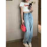 Light Blue Wide Leg Jeans Women 2025 Spring Korean Style New Design Letter Print Loose Draggle-Tail Trousers