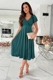 GREATNFB  New Commuter Solid Color and V-neck Waist Puff Sleeve Large Swing Dress Women's Clothing