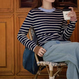 2025 popular autumn new Popular style age-reducing color matching striped long-sleeved t-shirt fashionable slim and thin inner bottoming shirt women