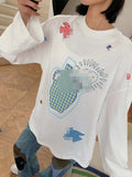 Siyuan, large kettle crew neck patchwork embroidered T-shirt 25 spring new cotton versatile shoulder loose long sleeve 8980