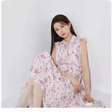 GREATNFB [Daishan]  Early Spring Japanese Style Sweet Printed Refreshing Flying Sleeve Tied High Waist Pleated Chiffon Dress