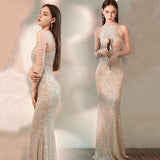 Foreign Trade Fishtail Evening Dress New Banquet Sexy Halter Shoulder Tassel Sequins Host Long Slim Toast Dress