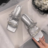 greatnfb Soft Leather Version ~ Beautiful Square Head Bow Rhinestone Silippers Women's Summer Transparent  Thick High Heel Fairy Slippers 2024