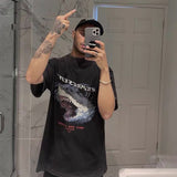 GREATNFB Correct Version Represent Shark Print Washed Short Sleeve Vintage High Street Loose Destroyed Distressed T-shirt