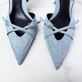 Za Spring/Summer New Denim Low-Cut Lace-up Hollow Closed Toe Sexy Stiletto Heel Fashion Sandals Muller Shoes