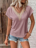 GREATNFB  In Stock   Summer Foreign Trade V-neck Lace Stitching Jacquard T-shirt Popular Loose Casual Women's Top