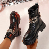 GREATNFB European and American Foreign Trade Patent Leather Mid-Calf Lace up Platform Martin Boots Women's Cross-Border Large Chain Thin Knight Boots Wish Supply