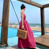 2025 Rose red suspender dress children's summer 2025 new coffee break  waist thin seaside vacation dress