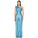 popular new women's sleeveless shoulder onesie  fashion high waist design sequined jumpsuit wholesale