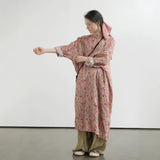 Original Chinese romantic floral cocoon ramie cheongsam, retro loose and clear robe dress L25060