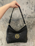 Grotto Same Style Gender-Free Black Stone Hobo Vegetable Tanned Pleated Leather All-Match Shoulder Crossbody Soft Bag