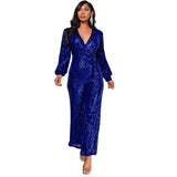 Hot trade women's fashion babes long-sleeved deep V jumpsuit  party sequined belt jumpsuit women's wholesale