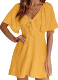 Hot Trade European and American  2024 Summer Short Sleeve Midi A- Line Skirt Pullover Ruffle Sleeve Half-Open Collar Dress