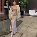 2025 temperament one-word shoulder lace tube top dress women's senior sexy pure desire backless birthday long skirt dress