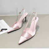 greatnfb Summer Korean Style Bag Head Satin Surface Stiletto Heel Pink Sandals Pointed Toe Buckle Strap Low-Cut High Heel Pumps Women