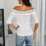 GREATNFB  EBay European and American 2019 New off-Shoulder Stitching Lace Top