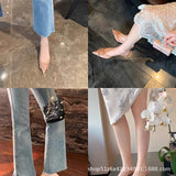 greatnfb Cowhide Version ~ Fashion Fashion  Summer Pointed Pumps High Heel Back Empty Stiletto Sandals Women 2024