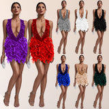 GREATNFB INS wind deep V backless sleeveless dress 2025 women's clothing polyester glossy sequined feather hip skirt wholesale