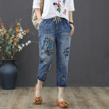 greatnfb Jeans Women's Spring and Autumn New Embroidered High Waist Retro Tattered Jeans Women's Pants Harem Pants Cropped Pants plus Size