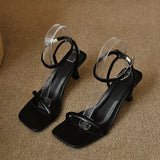 Black Sandals Women's Stiletto Heel  New Summer Versatile Back Empty  Word Buckle High Heels Female Square Toe