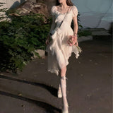 Tea Break Gentle Ruffled Irregular White Dress Summer New Style Platycodon Grandiflorum  Fairy Princess Short Skirt